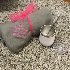 Embroidered fleece blanket with stemless travel mug